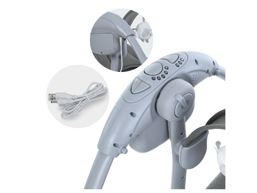 Заколисуючий центр-шезлонг таймер , 5 швидкостей, дуга з підвіс., рем.безп., 2полож.люльки, муз., від мережі/бат., сірий (1шт)